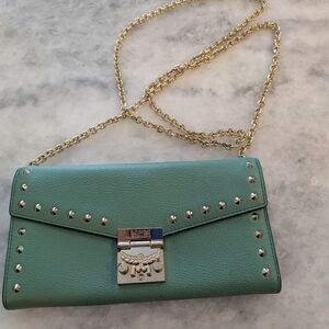 MCM Mint Green Leather Clutch with Gold Chain Lux Feminine Pop